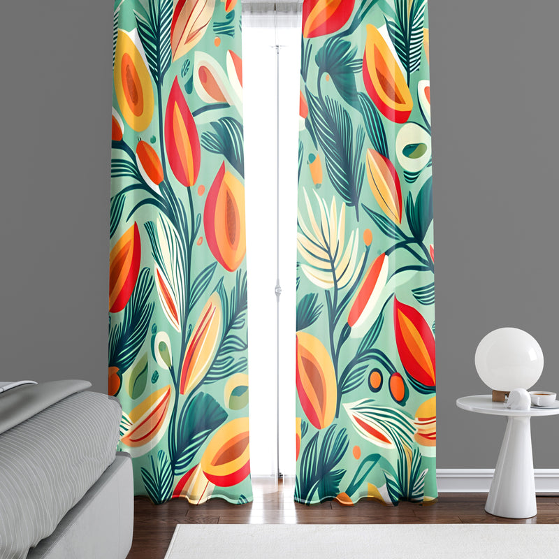 Floral Window Curtain - Peachy Trees and Fern Pattern - Deja Blue Studios