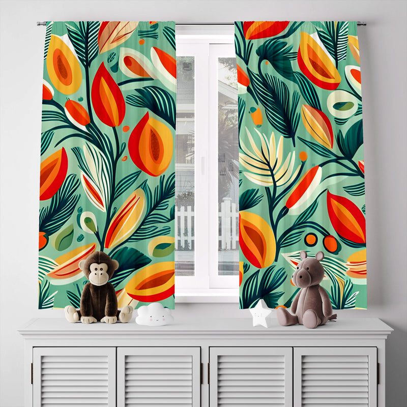 Floral Window Curtain - Peachy Trees and Fern Pattern - Deja Blue Studios