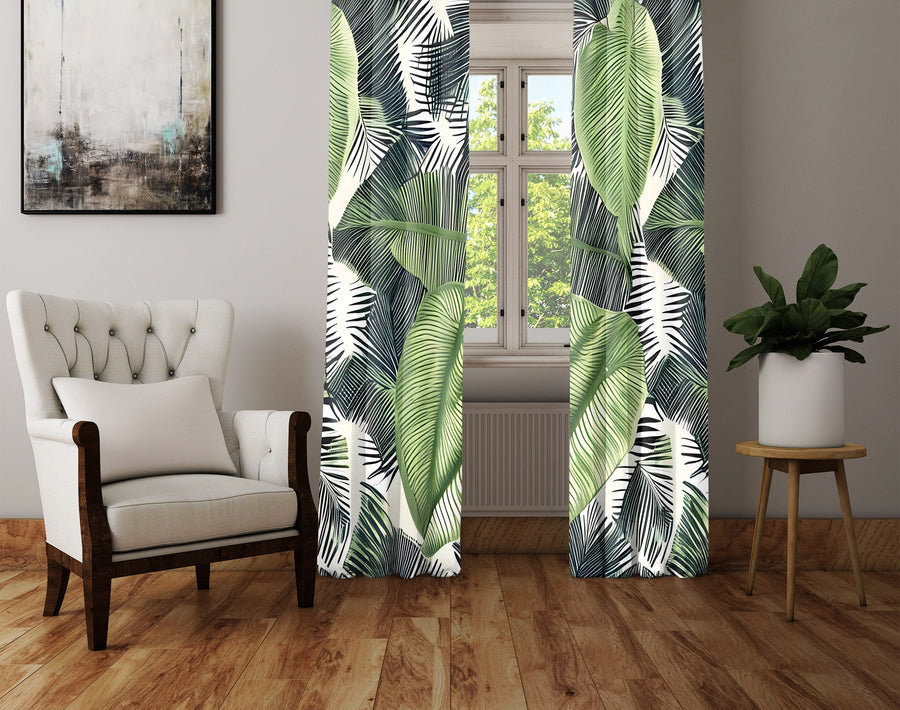 Floral Window Curtain - Green and Black Palm Leaf Pattern - Deja Blue Studios