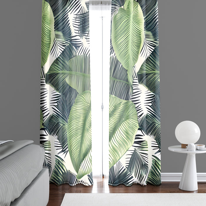 Floral Window Curtain - Green and Black Palm Leaf Pattern - Deja Blue Studios