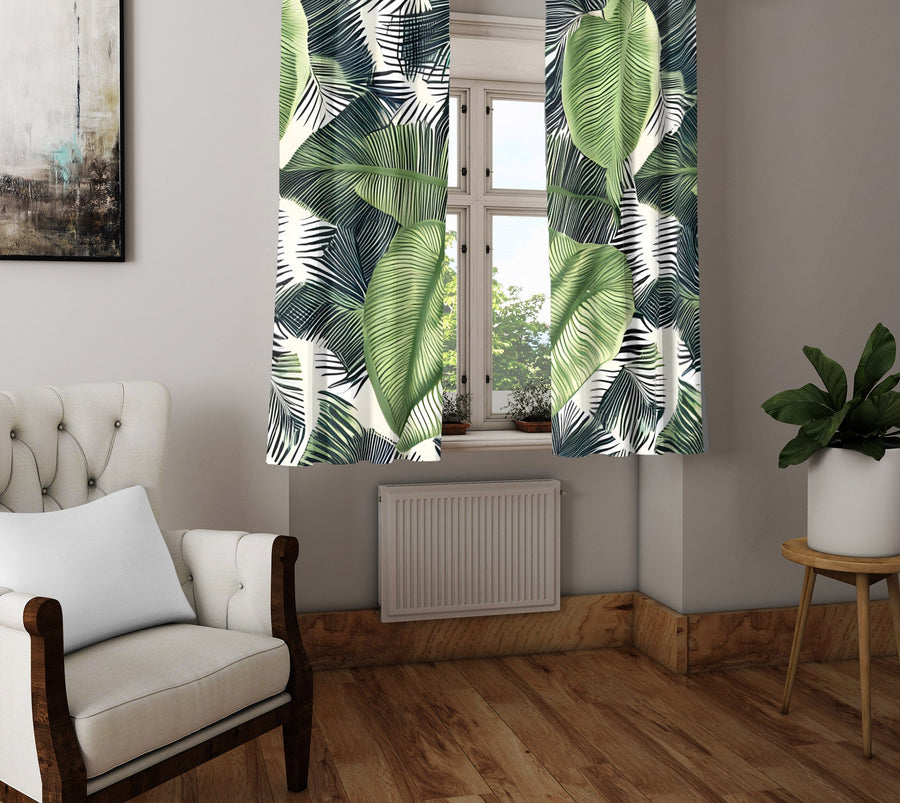 Floral Window Curtain - Green and Black Palm Leaf Pattern - Deja Blue Studios