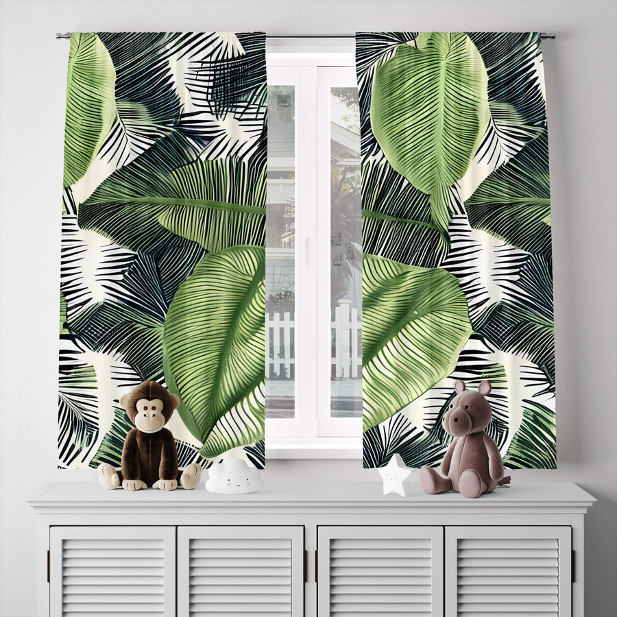 Floral Window Curtain - Green and Black Palm Leaf Pattern - Deja Blue Studios