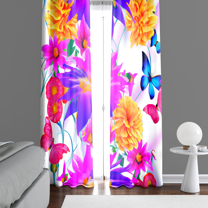 Floral Window Curtain - Purple Dahlia and Orange Chrysanthemum Bouquet - Deja Blue Studios