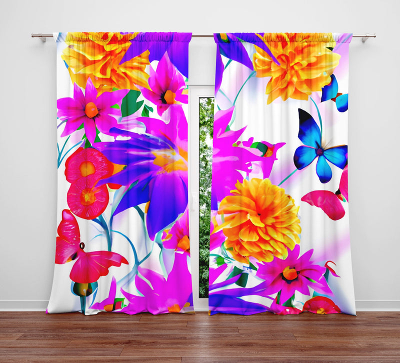 Floral Window Curtain - Purple Dahlia and Orange Chrysanthemum Bouquet - Deja Blue Studios