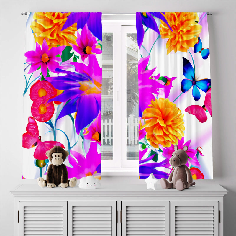 Floral Window Curtain - Purple Dahlia and Orange Chrysanthemum Bouquet - Deja Blue Studios