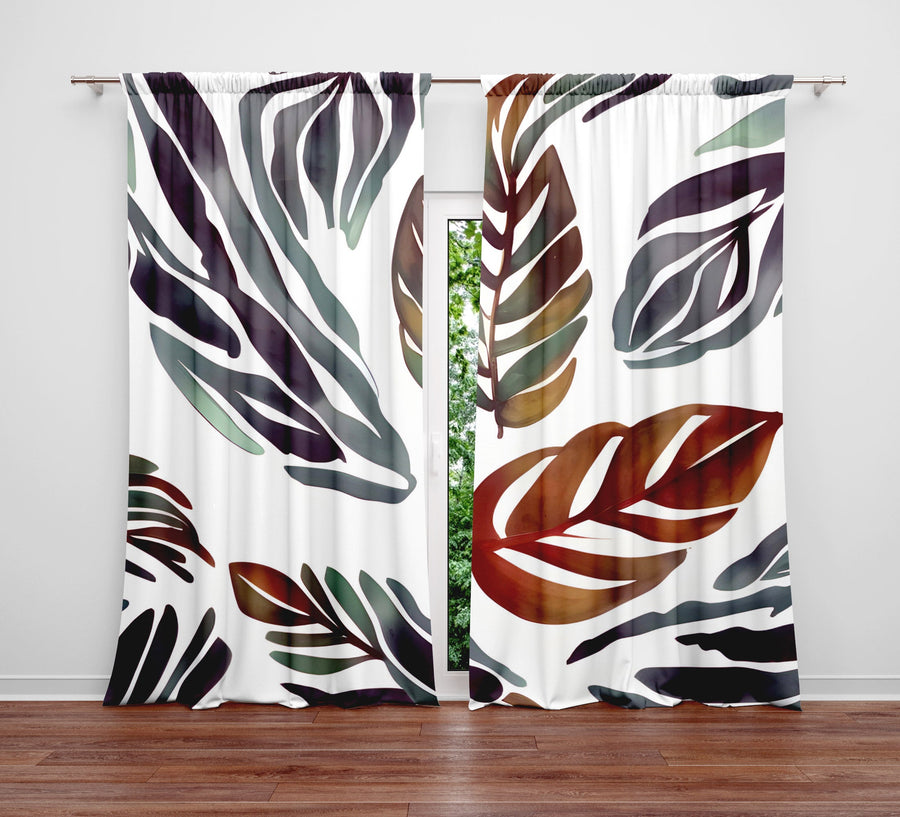 Floral Window Curtain - Orange and Purple Fern Leaf Pattern - Deja Blue Studios