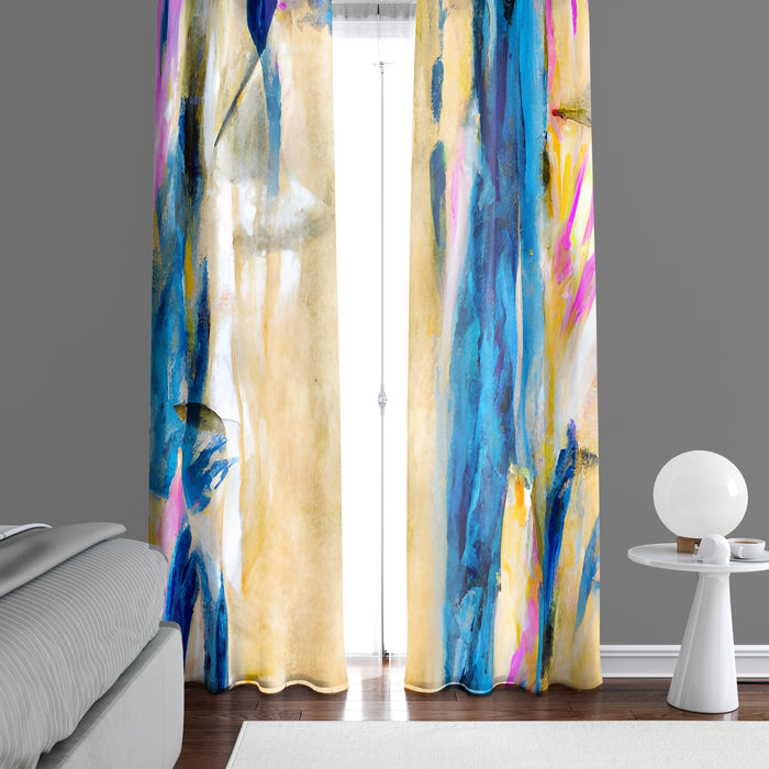 Abstract Window Curtain - Blue, Yellow, and Pink Watercolor Splashes - Deja Blue Studios