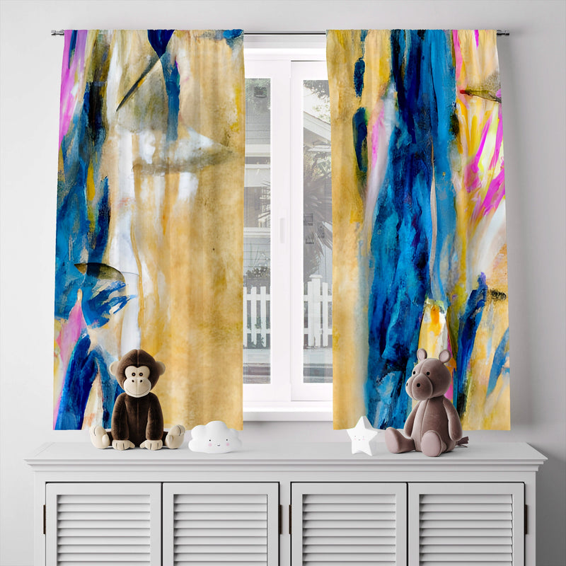 Abstract Window Curtain - Blue, Yellow, and Pink Watercolor Splashes - Deja Blue Studios