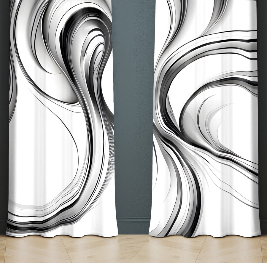 Watercolor Window Curtain - Black and White Faux Alcohol Ink Swirls - Deja Blue Studios