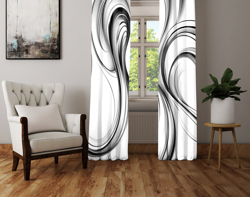 Watercolor Window Curtain - Black and White Faux Alcohol Ink Swirls - Deja Blue Studios