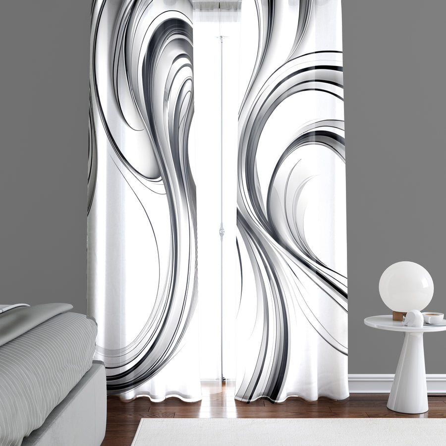 Watercolor Window Curtain - Black and White Faux Alcohol Ink Swirls - Deja Blue Studios