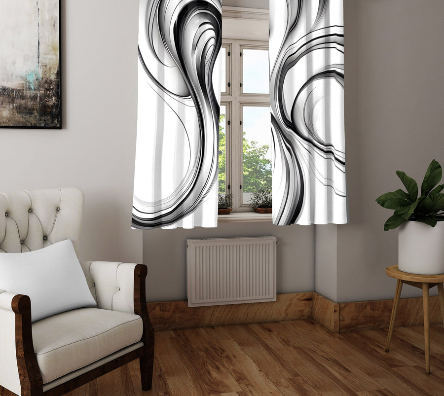 Watercolor Window Curtain - Black and White Faux Alcohol Ink Swirls - Deja Blue Studios