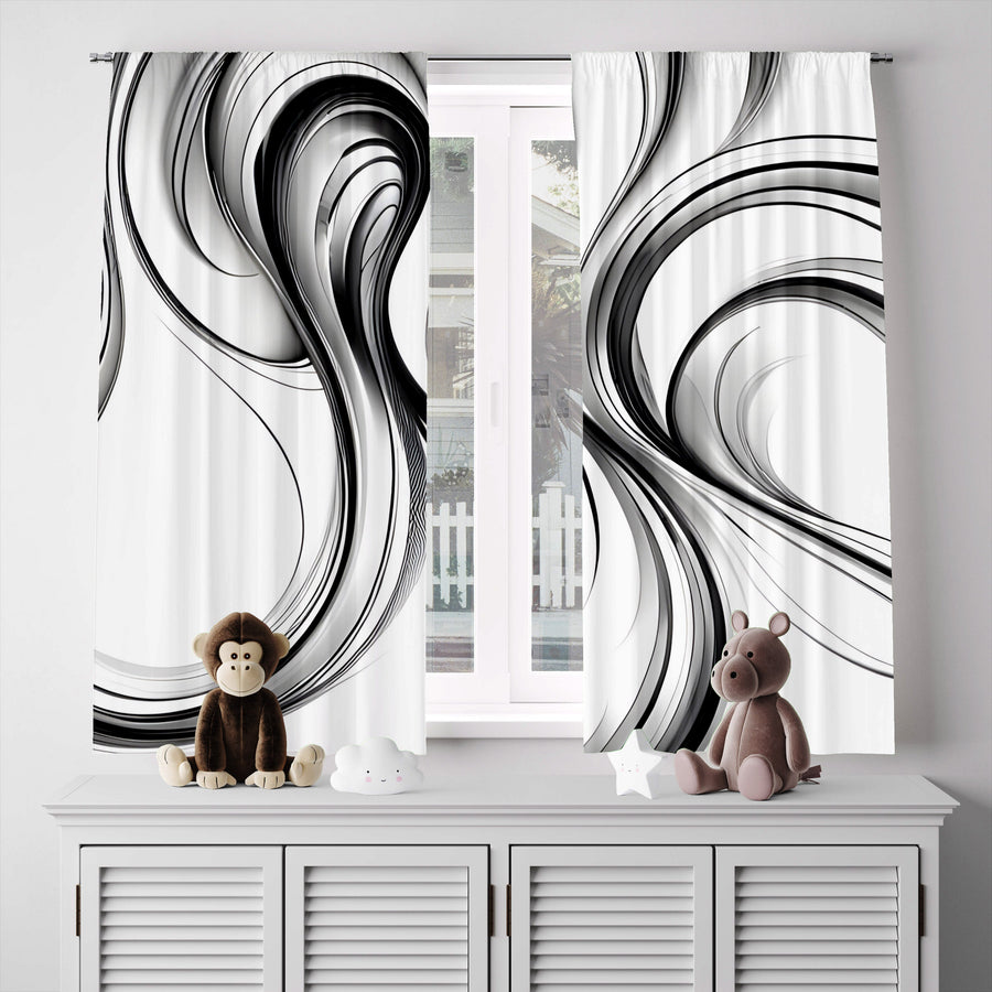 Watercolor Window Curtain - Black and White Faux Alcohol Ink Swirls - Deja Blue Studios