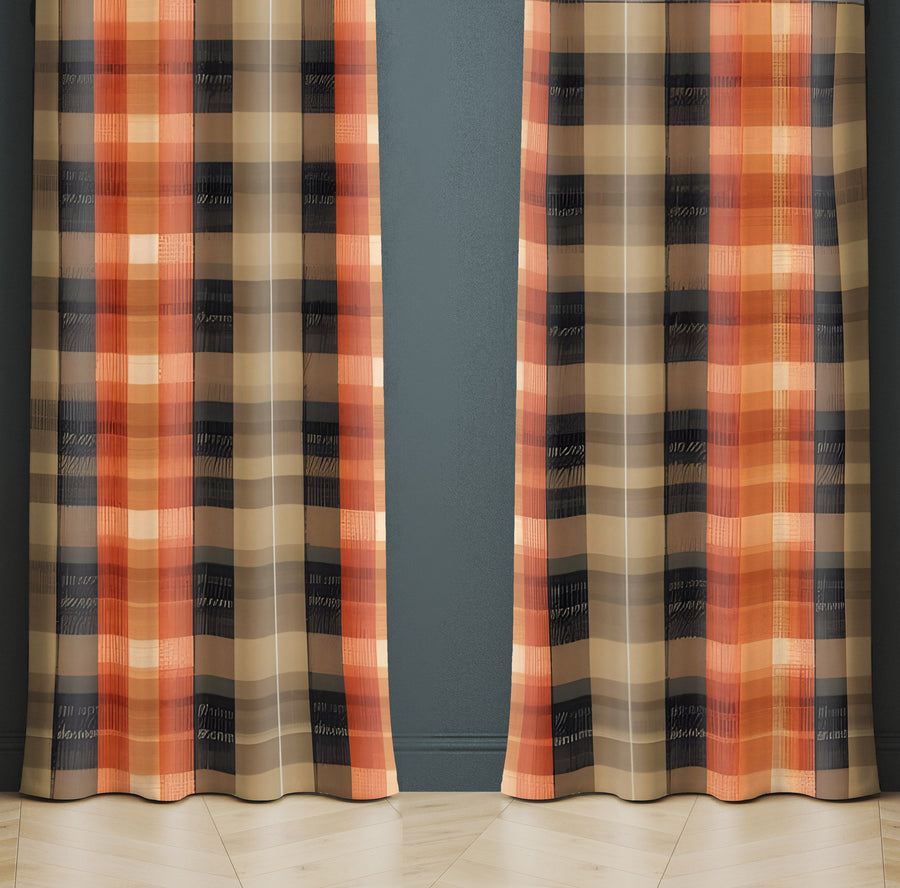 Checkered Window Curtain - Brown and Orange Log Cabin Themed Pattern - Deja Blue Studios