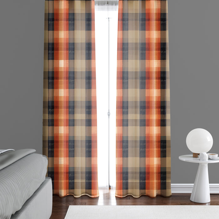 Checkered Window Curtain - Brown and Orange Log Cabin Themed Pattern - Deja Blue Studios