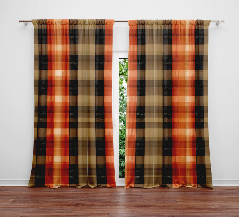 Checkered Window Curtain - Brown and Orange Log Cabin Themed Pattern - Deja Blue Studios