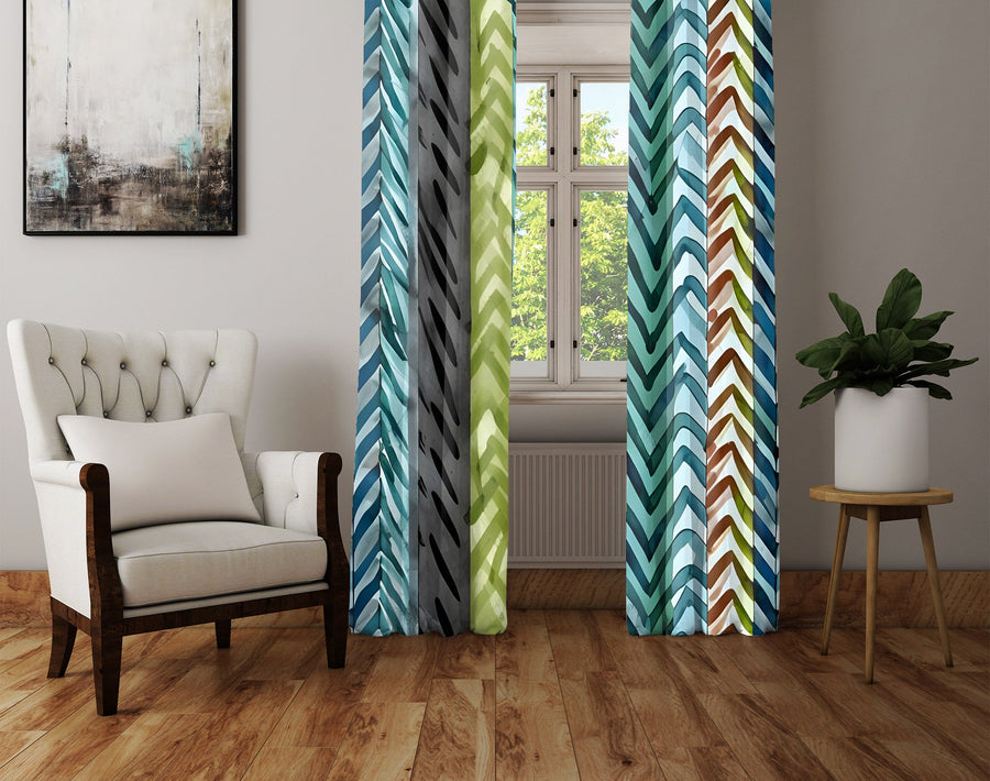 Chevron Window Curtain - Green and Blue Striped Chevron Pattern - Deja Blue Studios