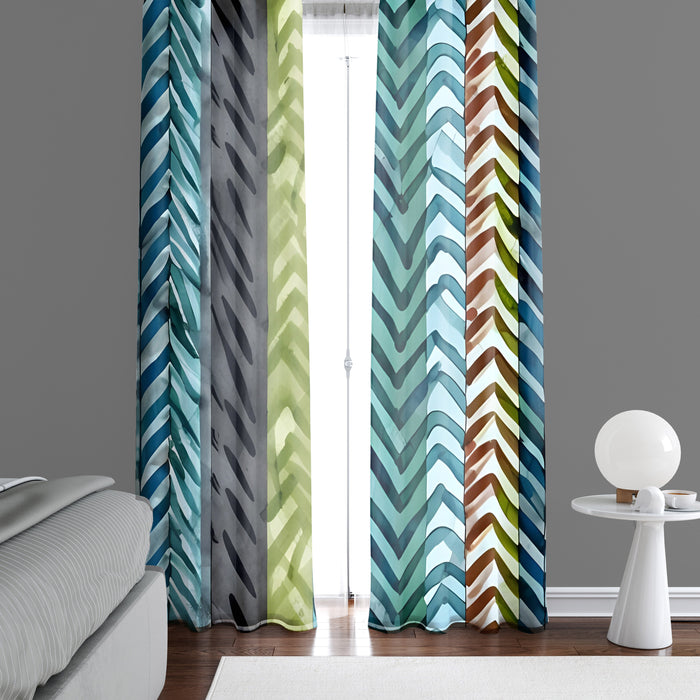 Chevron Window Curtain - Green and Blue Striped Chevron Pattern - Deja Blue Studios