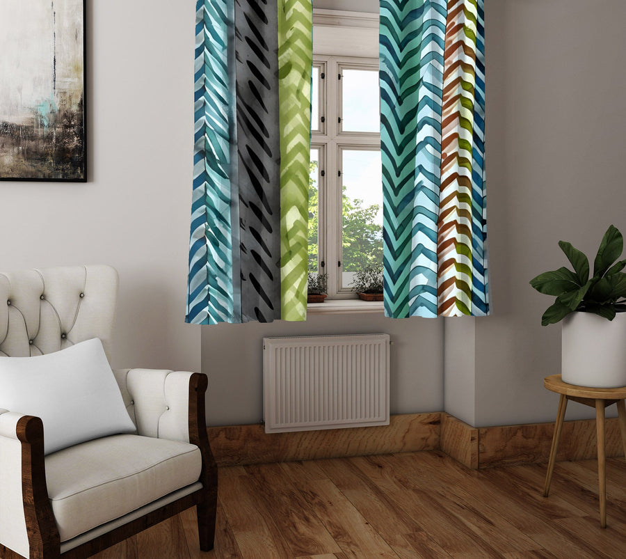 Chevron Window Curtain - Green and Blue Striped Chevron Pattern - Deja Blue Studios