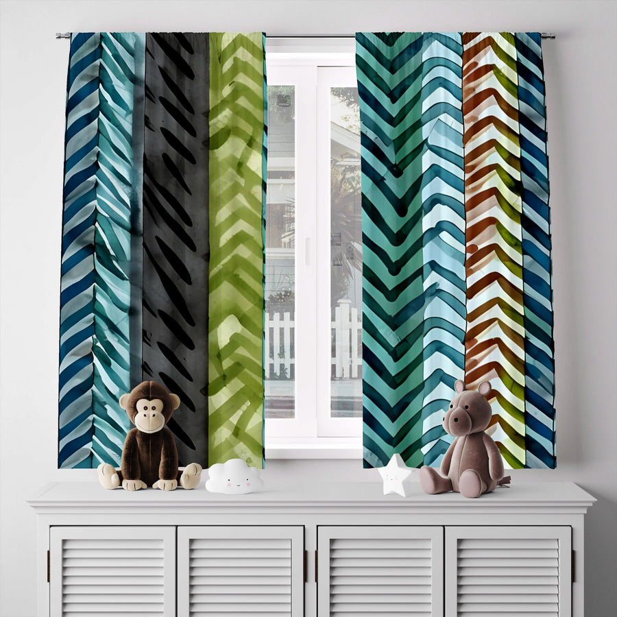 Chevron Window Curtain - Green and Blue Striped Chevron Pattern - Deja Blue Studios