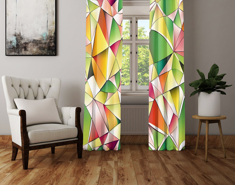 Abstract Window Curtain - Green and Orange Stained Glass Pattern - Deja Blue Studios