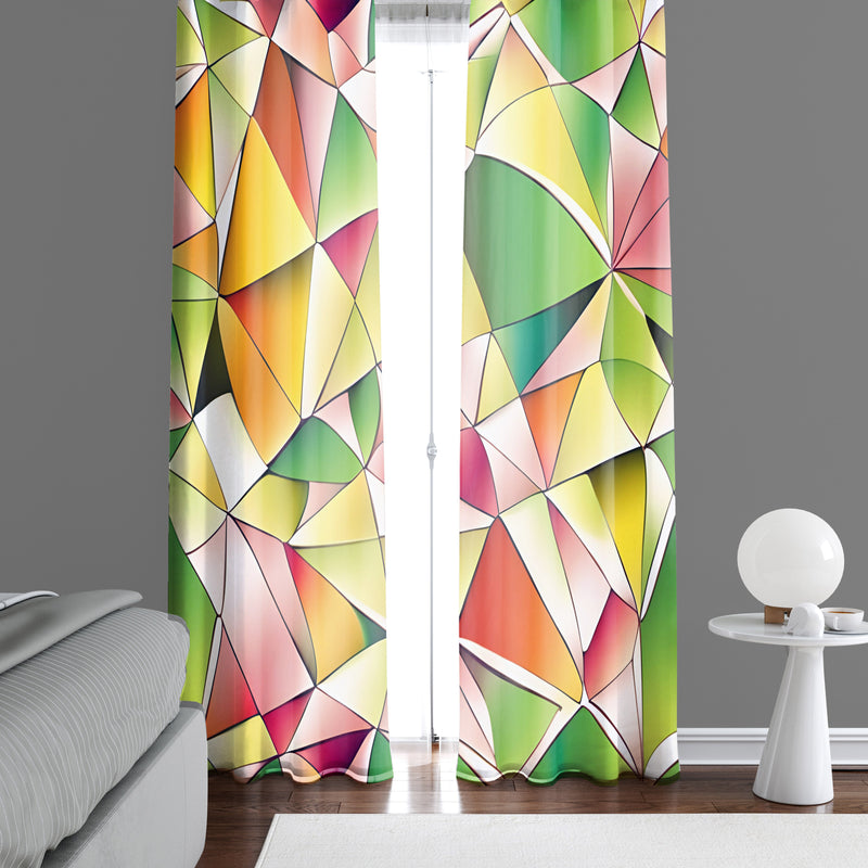 Abstract Window Curtain - Green and Orange Stained Glass Pattern - Deja Blue Studios