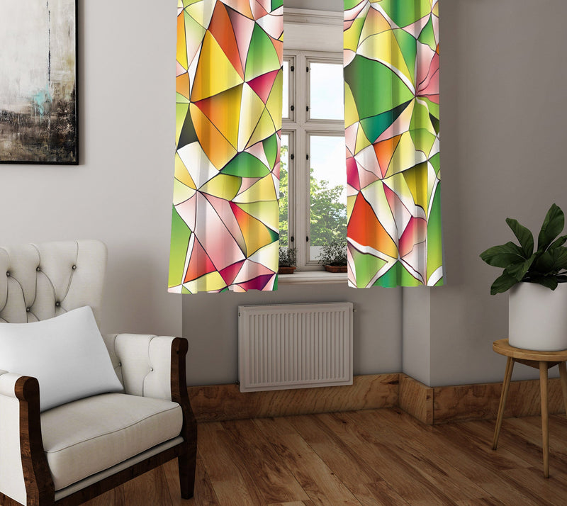 Abstract Window Curtain - Green and Orange Stained Glass Pattern - Deja Blue Studios