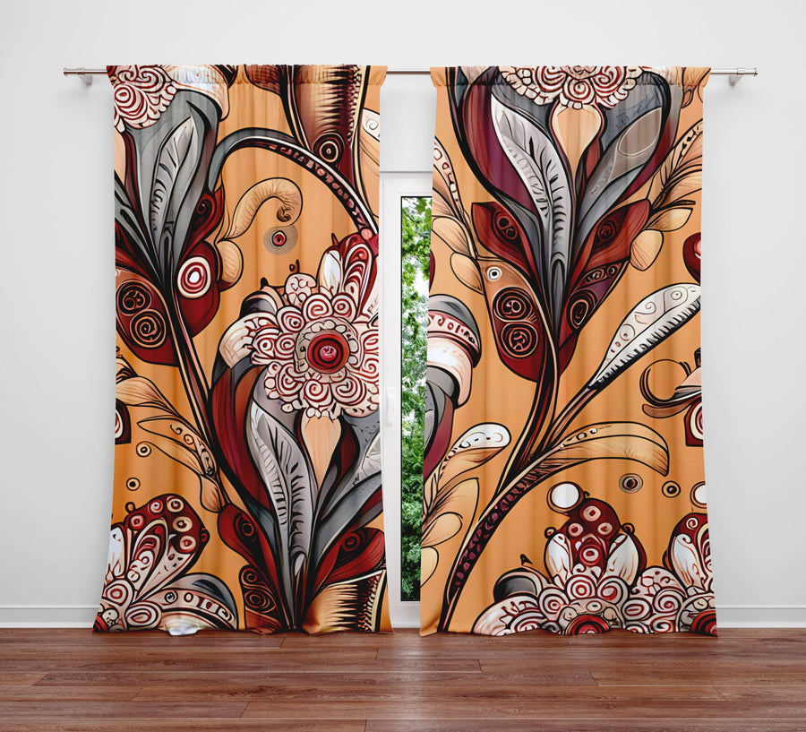 Paisley Window Curtain - Burnt Orange Abstract Paisley Pattern - Deja Blue Studios