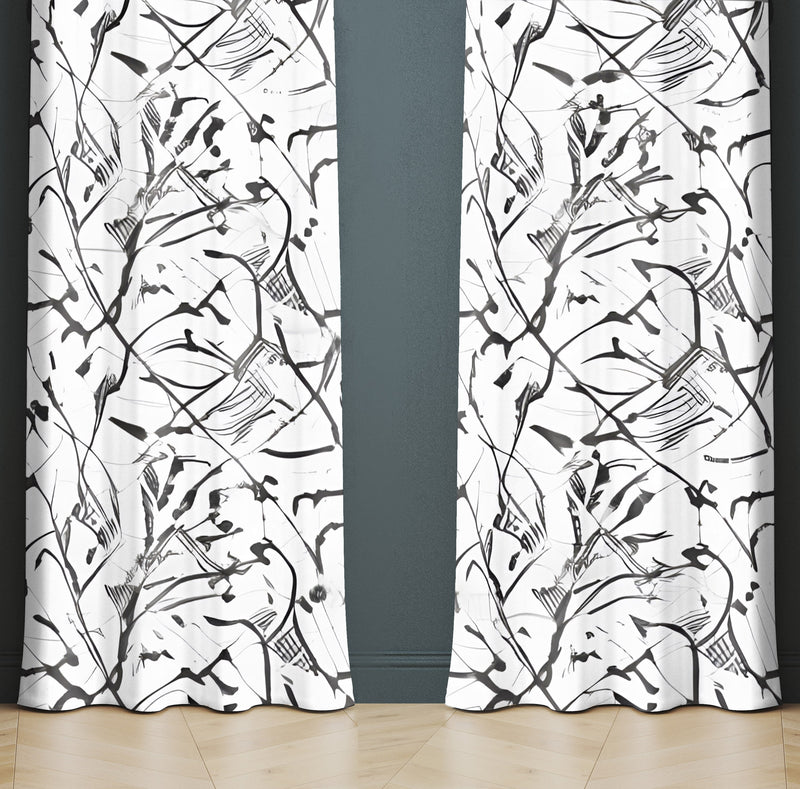 Floral Window Curtain - Abstract Black and White Vines - Deja Blue Studios