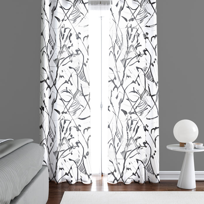 Floral Window Curtain - Abstract Black and White Vines - Deja Blue Studios