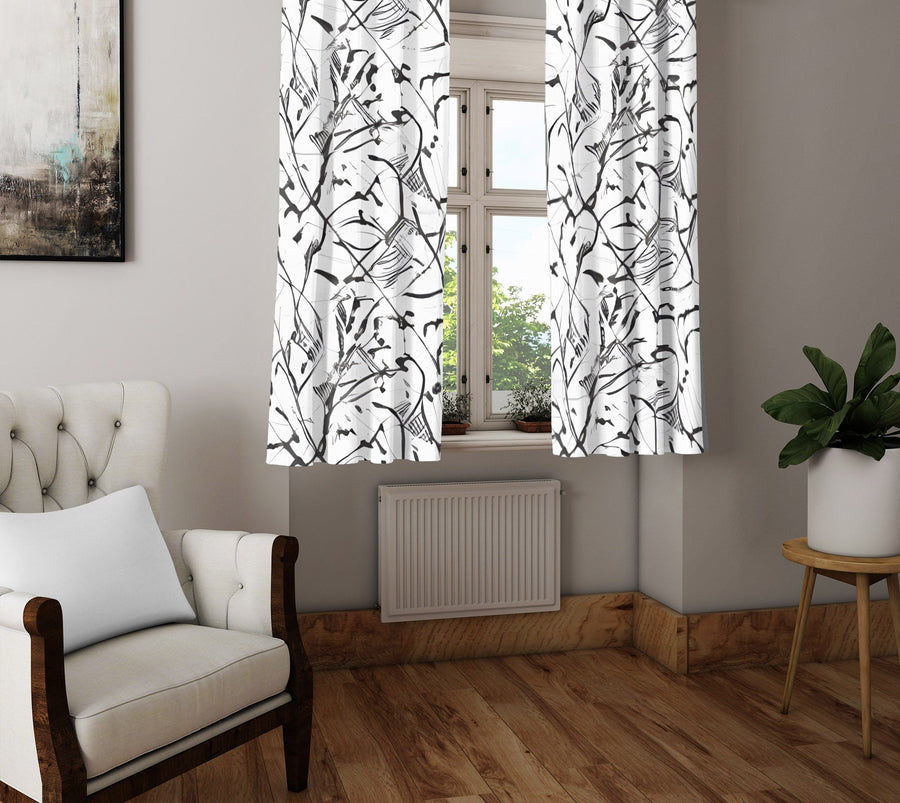 Floral Window Curtain - Abstract Black and White Vines - Deja Blue Studios