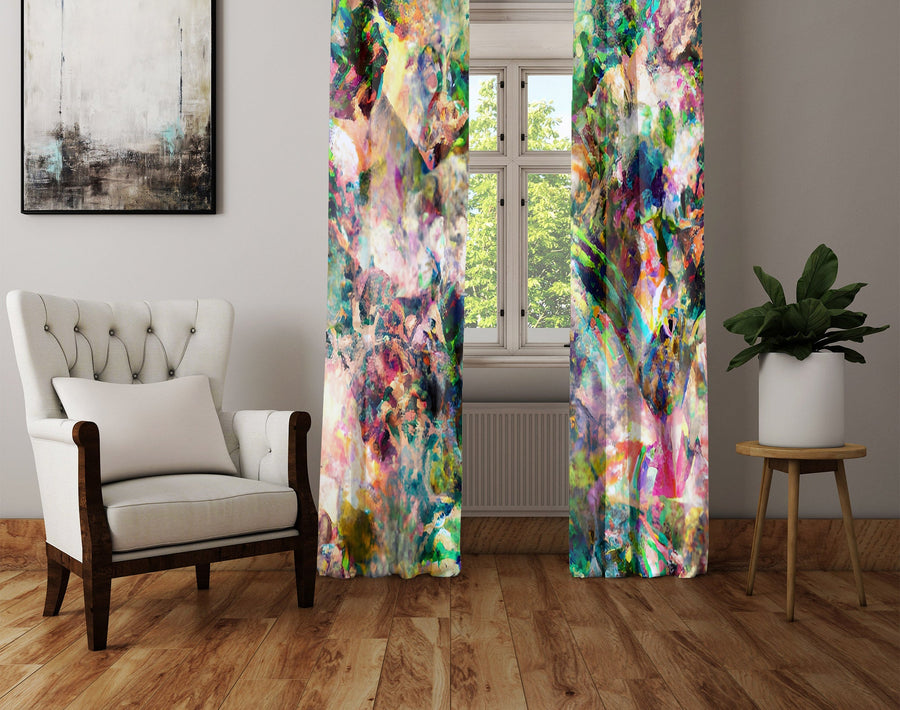 Abstract Window Curtain - Green and Pink Kaleidoscope Pattern - Deja Blue Studios