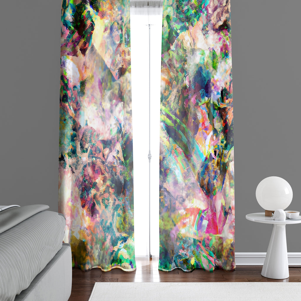 Abstract Window Curtain - Green and Pink Kaleidoscope Pattern - Deja Blue Studios