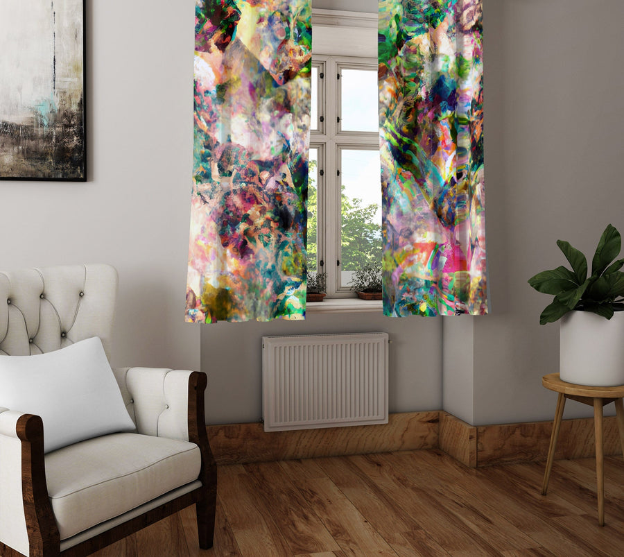 Abstract Window Curtain - Green and Pink Kaleidoscope Pattern - Deja Blue Studios