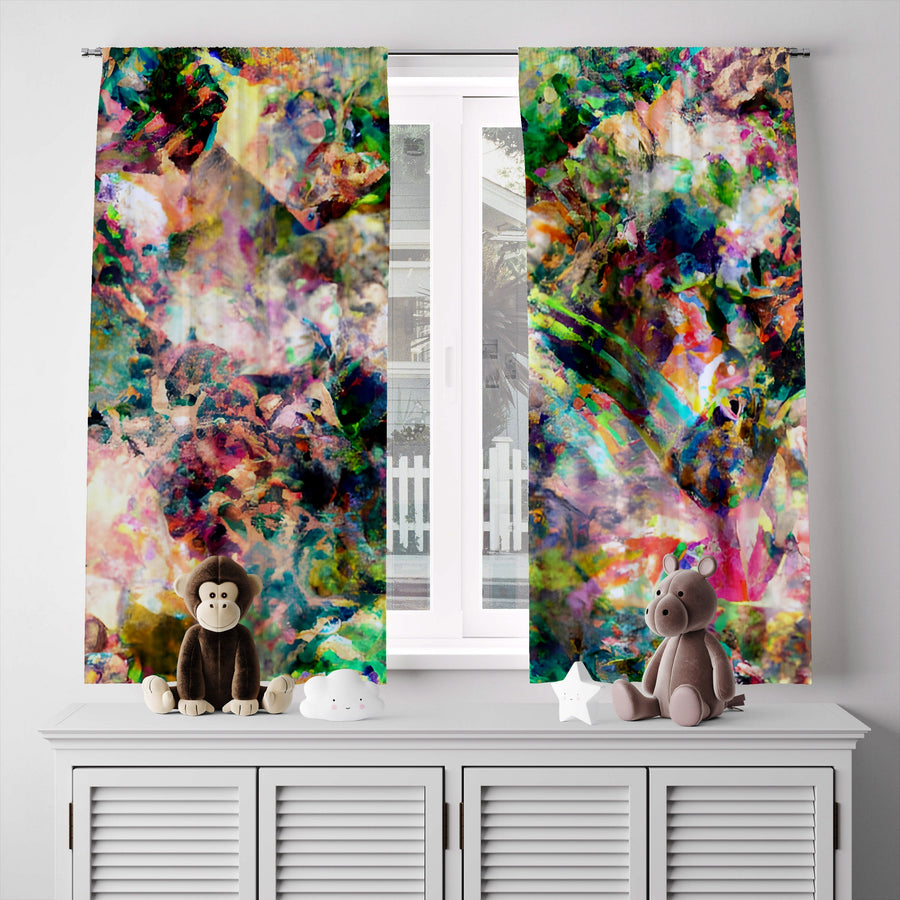 Abstract Window Curtain - Green and Pink Kaleidoscope Pattern - Deja Blue Studios