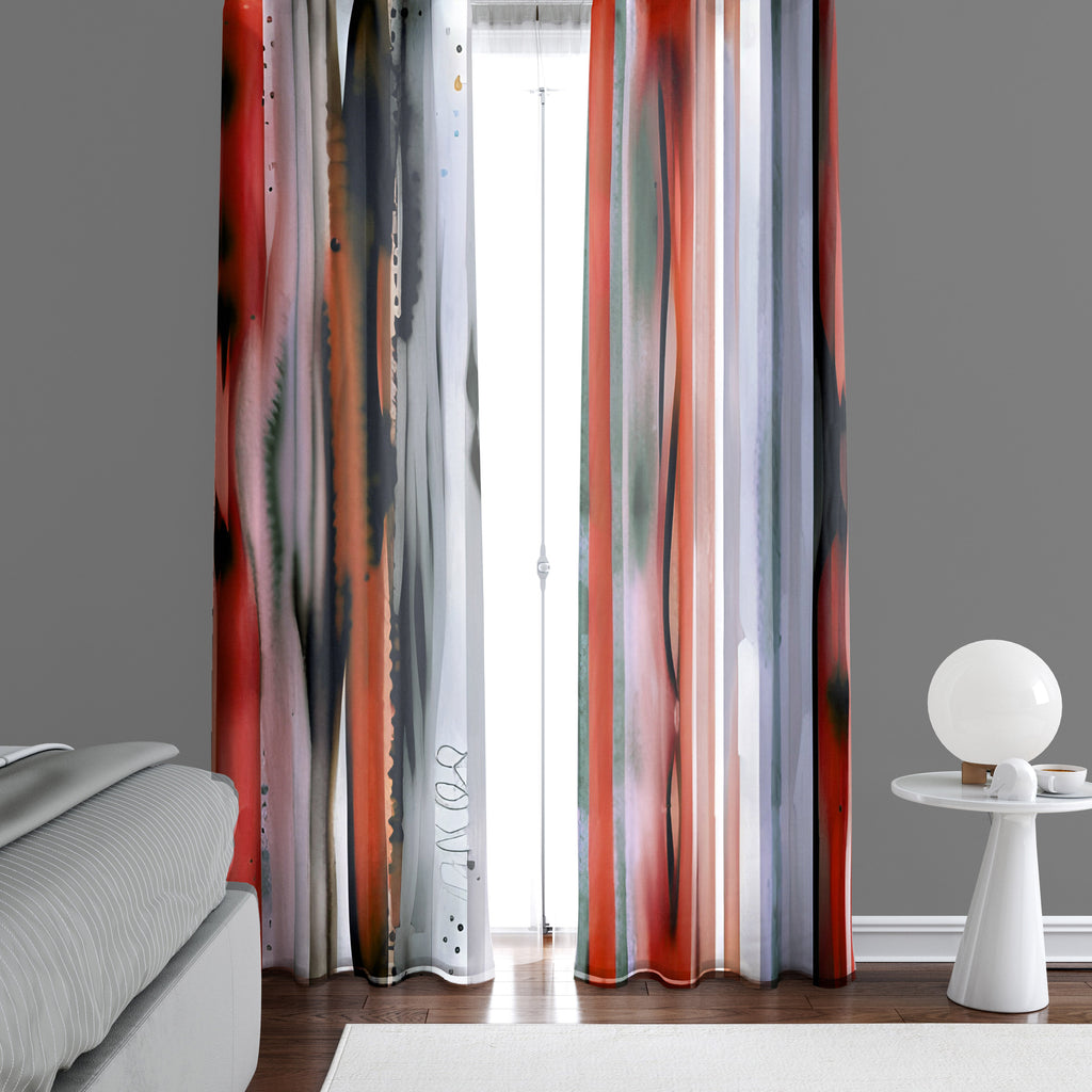Striped Window Curtain - Red and Black Watercolor Stripes - Deja Blue Studios