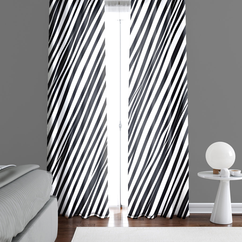 Striped Window Curtain - Black and White Diagonal Slant - Deja Blue Studios