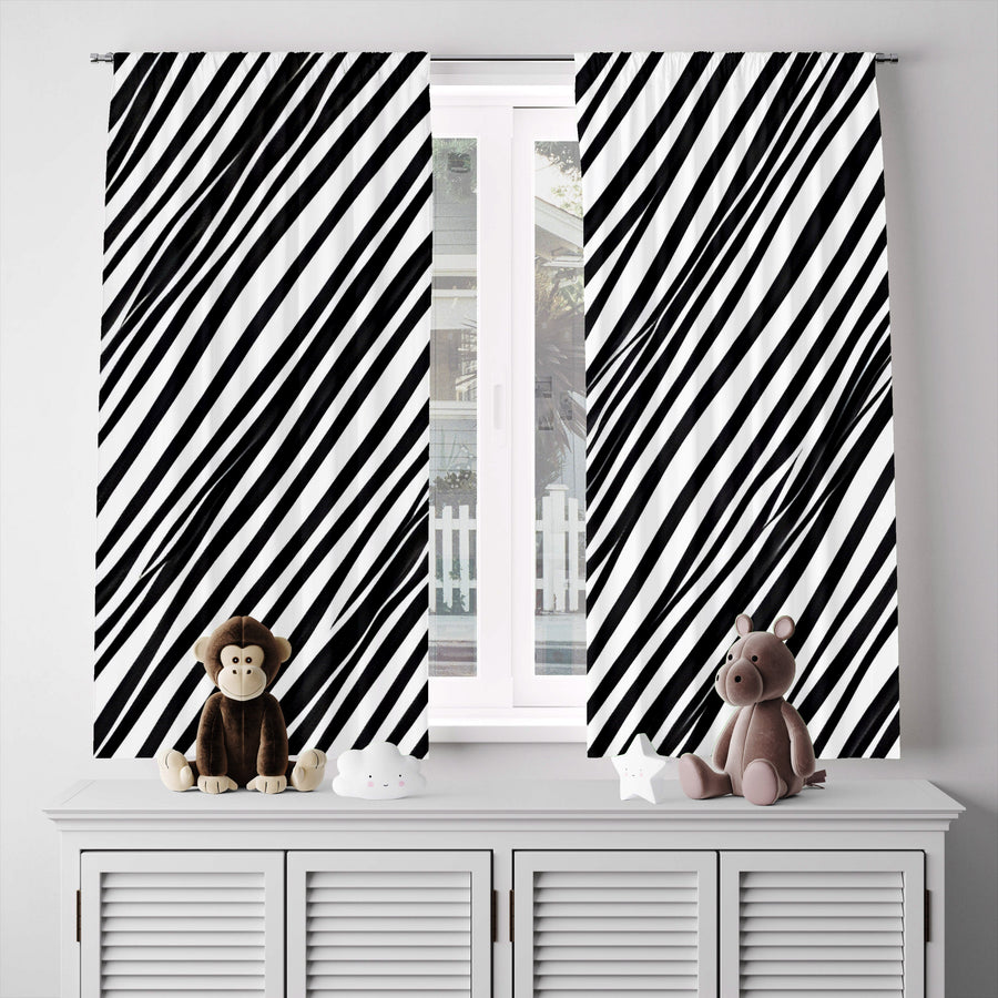 Striped Window Curtain - Black and White Diagonal Slant - Deja Blue Studios