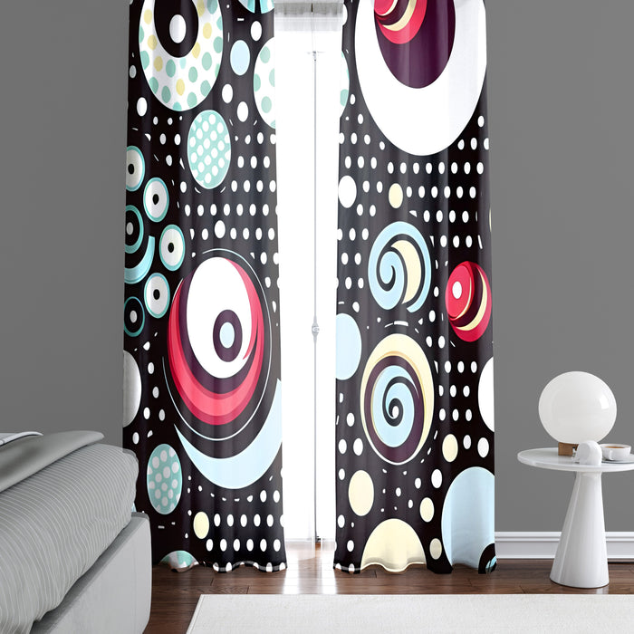 Polka Dot Window Curtain - Red and Blue Swirls on Black and White Polka Dot - Deja Blue Studios