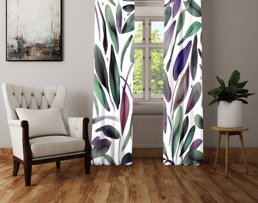 Floral Window Curtain - Purple and Green Morning Forest Floor - Deja Blue Studios