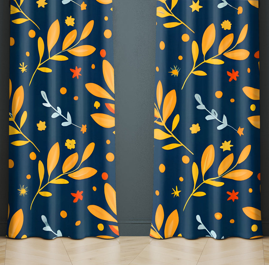 Floral Window Curtain - Orange and Blue Cartoon Leaves - Deja Blue Studios