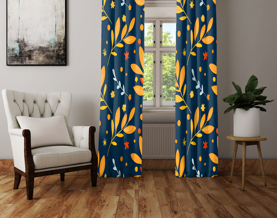 Floral Window Curtain - Orange and Blue Cartoon Leaves - Deja Blue Studios