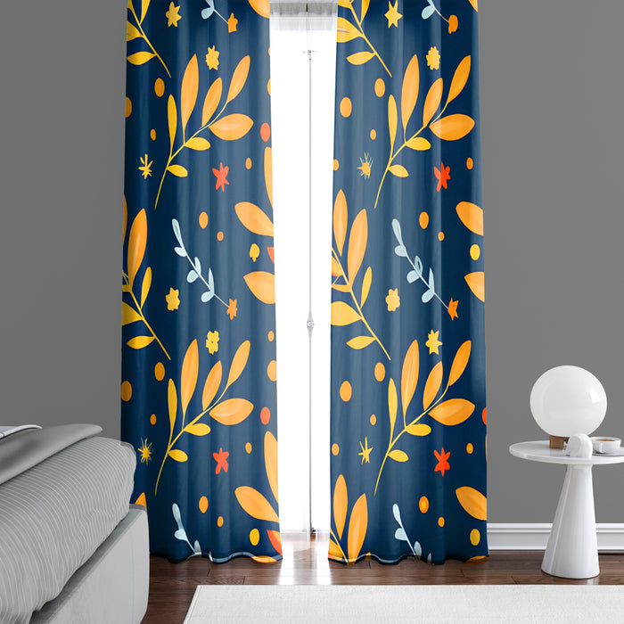 Floral Window Curtain - Orange and Blue Cartoon Leaves - Deja Blue Studios