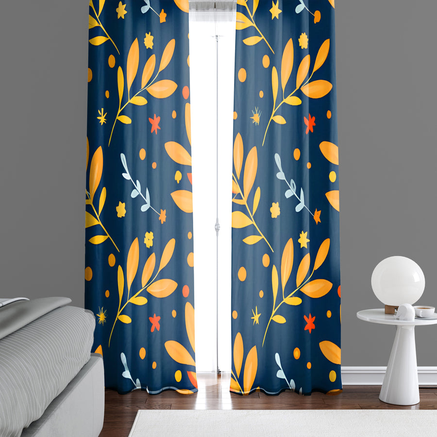 Floral Window Curtain - Orange and Blue Cartoon Leaves - Deja Blue Studios