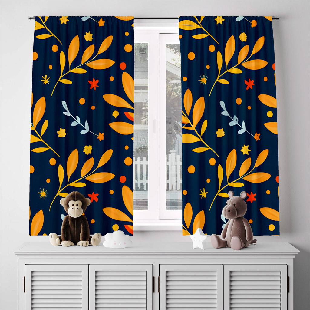Floral Window Curtain - Orange and Blue Cartoon Leaves - Deja Blue Studios