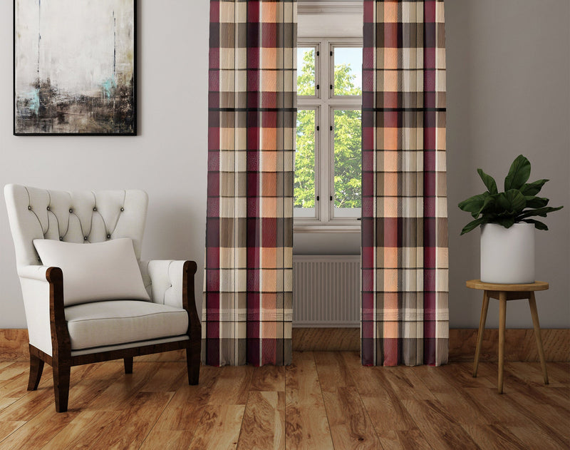 Checkered Window Curtain - Orange and Brown Picnic Blanket Pattern - Deja Blue Studios