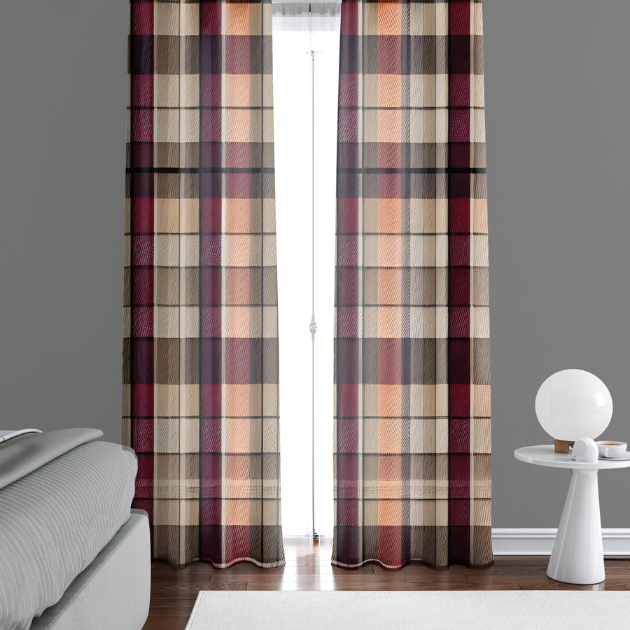 Checkered Window Curtain - Orange and Brown Picnic Blanket Pattern - Deja Blue Studios