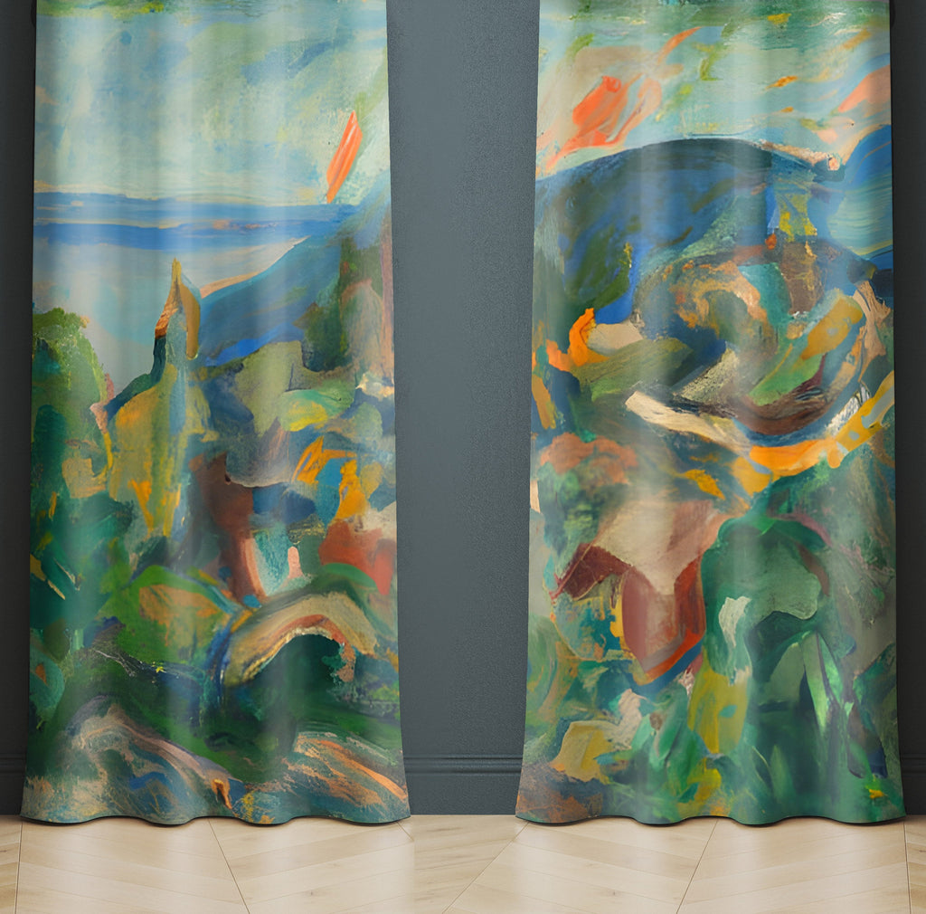 Abstract Window Curtain - Watercolor Italian Mountainside - Deja Blue Studios