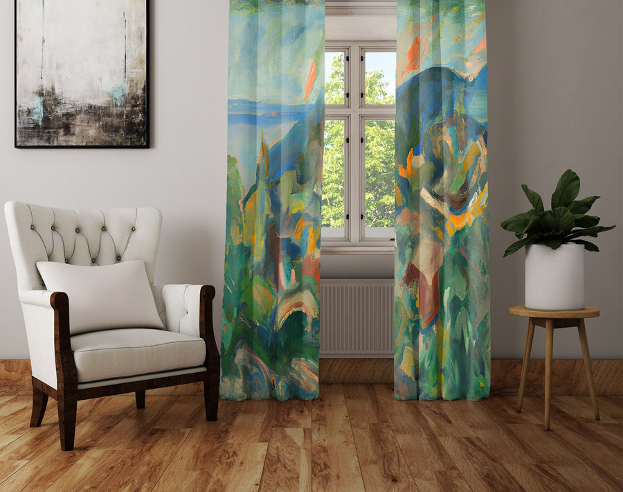 Abstract Window Curtain - Watercolor Italian Mountainside - Deja Blue Studios