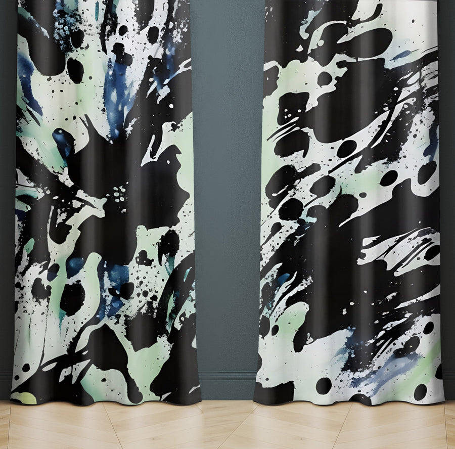 Abstract Window Curtain - Green and Black Paint Splatters - Deja Blue Studios